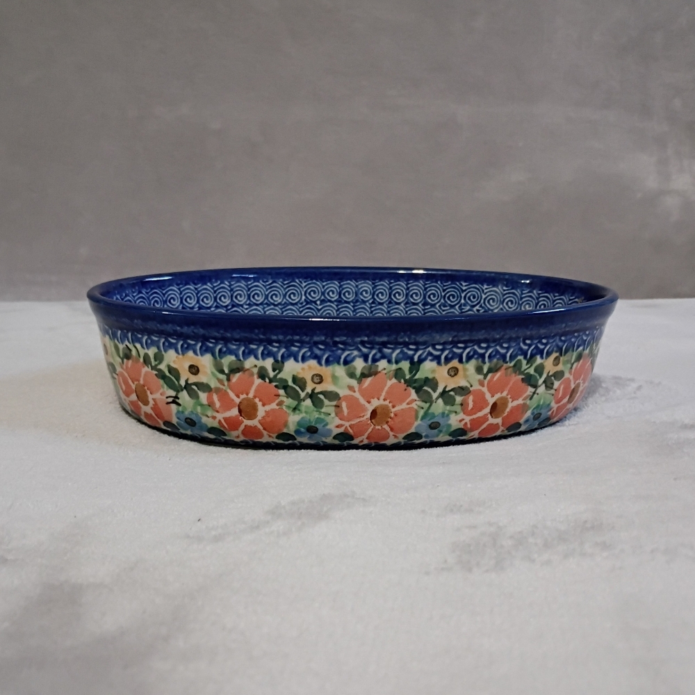 Polish Pottery Ceramika Artystyczna Blue Floral 8 In Oval Stoneware Baker